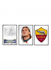 Set Of 3 Francesco Totti, AS Roma, Olympico Stadium Posters With Frame Multicolour 50x40cm