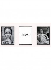 3-Piece Rihanna Themed Framed Poster Set Black/White 3x(50x40)cm