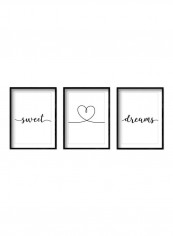 3-Piece Sweet Dreams With Heart Quote Wall Posters With Frame White/Black 50x40cm