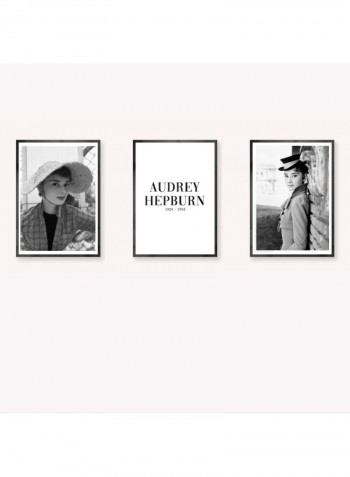 3-Piece Audrey Hepburn Themed Framed Poster Set Black/White 3x(50x40)cm