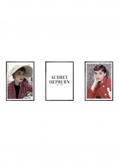 3-Piece Audrey Hepburn Themed Framed Poster Set White/Red/Black 3x(50x40)cm