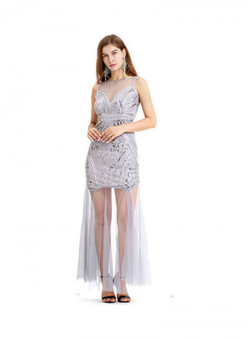 Long Vestido Beaded Sequin Dress Silver