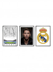 Set Of 3 Sergio Ramos, Real Madrid, Santiago Bernabeu Stadium Posters With Frame Multicolour 50x40cm