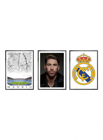Set Of 3 Sergio Ramos, Real Madrid, Santiago Bernabeu Stadium Posters With Frame Multicolour 50x40cm