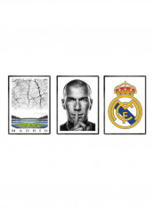 Set Of 3 Zinedine Zidane, Real Madrid, Santiago Bernabeu Stadium Posters With Frame Multicolour 50x40cm