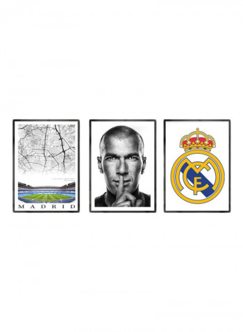 Set Of 3 Zinedine Zidane, Real Madrid, Santiago Bernabeu Stadium Posters With Frame Multicolour 50x40cm