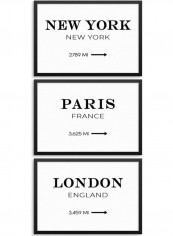 3-Piece Paris and New York Road Miles Poster with Frame Black/White 50 x 40cm