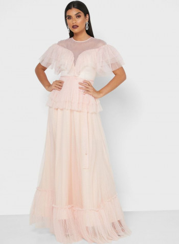 Tulle Ruffled Maxi Dress Pink