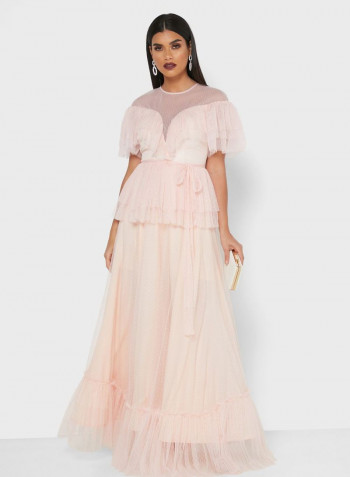 Tulle Ruffled Maxi Dress Pink