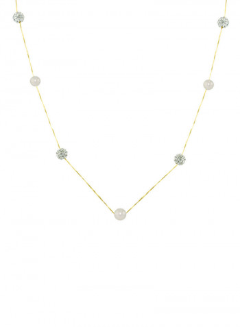 18 Karat Solid Yellow Gold With 5-6 mm Crystal Balls And Pearls Chain Necklace