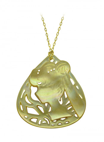 18 Karat Gold Lady Face Drop Shape Mother Of Pearl Pendant Necklace