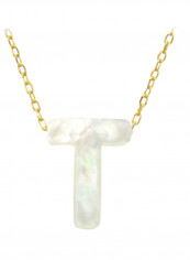 18 Karat Gold T Letter Mother Of Pearl Pendant Necklace