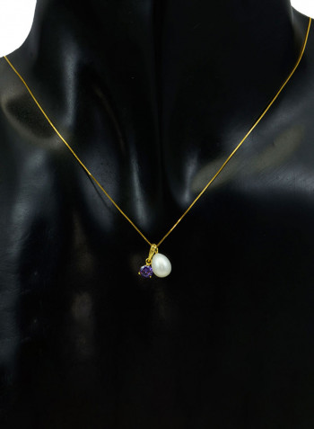 18 Karat Solid Yellow Gold Zircon With 7 mm Pearl Pendant Necklace