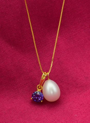18 Karat Solid Yellow Gold Zircon With 7 mm Pearl Pendant Necklace