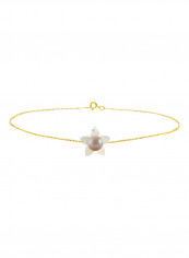18 Karat Gold Mother Of Pearl Flower Shape With Pearl Chain Bracelet