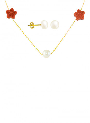 18K Gold Sunstones and Pearl Star Jewellery Set
