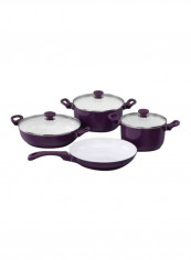 7-Piece Seravita Cookware Set Purple/White 3x Casserole (3.5, 4, 5), 1x Frypan - 3, 1x Low Casserole - 4L