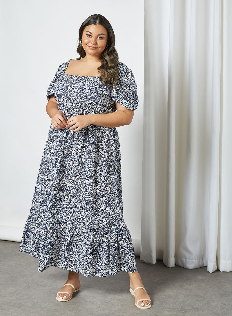 Plus Size Floral Print Dress Blue/White