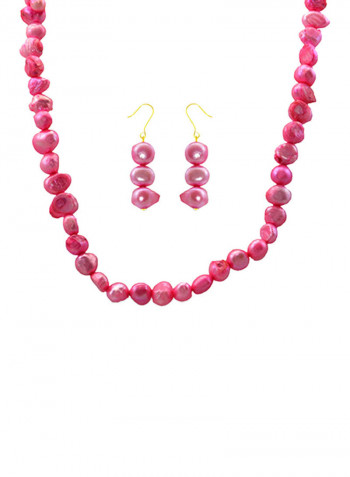 Set of 2 10 Karat Gold Pearl Beads Necklace and Earrings