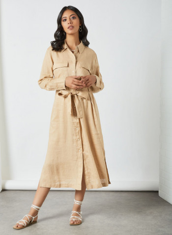 Classic Collar Midi Shirt Dress Beige