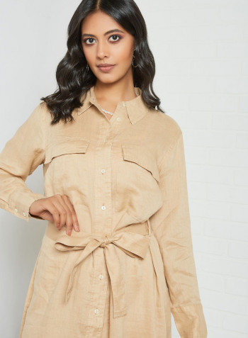 Classic Collar Midi Shirt Dress Beige