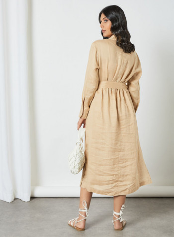 Classic Collar Midi Shirt Dress Beige
