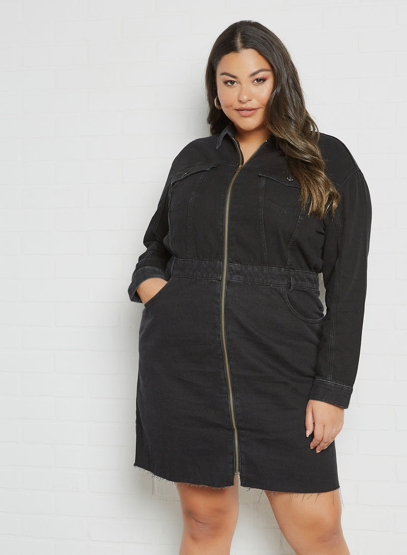 Plus Size Zipper Denim Dress Black