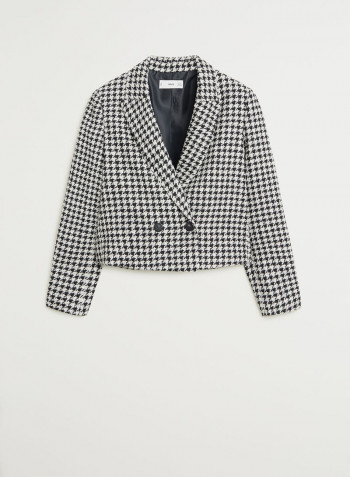 Cropped Design Peaked Lapel Houndstooth Wool Blend Blazer Black