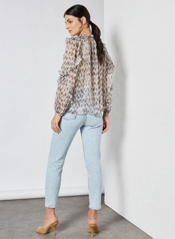 Ruffles Printed Long Sleeve Blouse Ecru