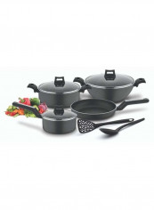 9-Piece Non-Stick Cookware Set (Fry Pan, Casserole, Saucepan, Kadai, 3 Lids & 2 Spatulas) with 5 Layer PTFE Non-Stick Spray Coating BXSGS09BME Black 4.7kg