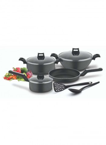9-Piece Non-Stick Cookware Set (Fry Pan, Casserole, Saucepan, Kadai, 3 Lids & 2 Spatulas) with 5 Layer PTFE Non-Stick Spray Coating BXSGS09BME Black 4.7kg