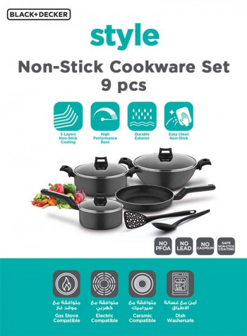 9-Piece Non-Stick Cookware Set (Fry Pan, Casserole, Saucepan, Kadai, 3 Lids & 2 Spatulas) with 5 Layer PTFE Non-Stick Spray Coating BXSGS09BME Black 4.7kg