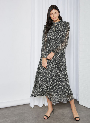 Elisa Flower Print Midi Dress Black