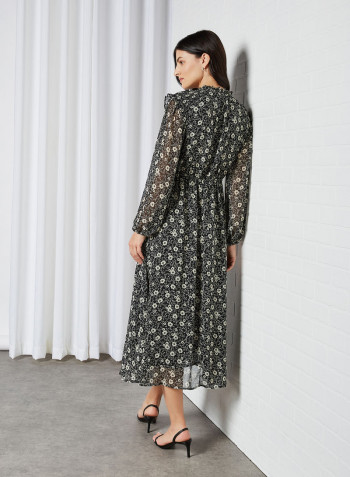 Elisa Flower Print Midi Dress Black