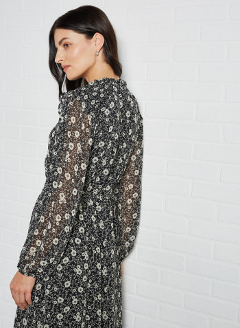 Elisa Flower Print Midi Dress Black
