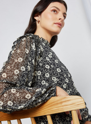 Elisa Flower Print Midi Dress Black