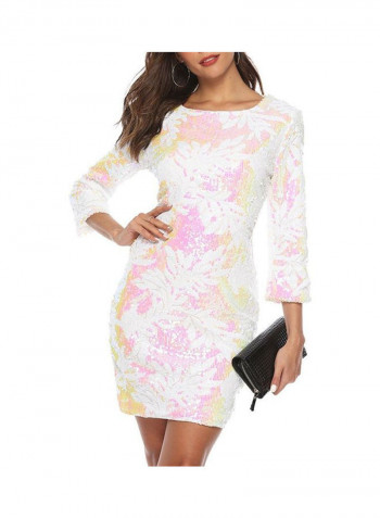 O-Neck Sequined Bodycon Dress White/Pink/Yellow