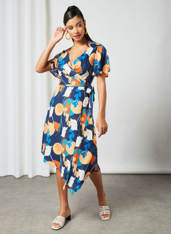 Asymmetric Hem Wrap Dress Navy