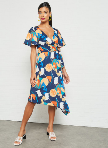 Asymmetric Hem Wrap Dress Navy