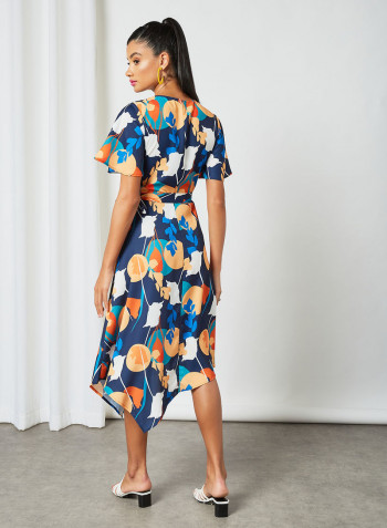 Asymmetric Hem Wrap Dress Navy