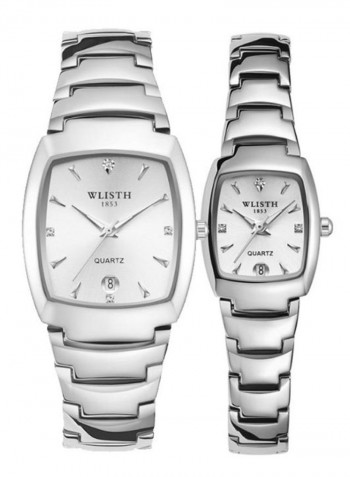 2-Piece Stainless Steel Tonneau Shape Analog Watch Set 8153