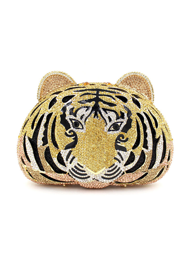Tiger Head Hollow Out Crystal Metal Bag Gold