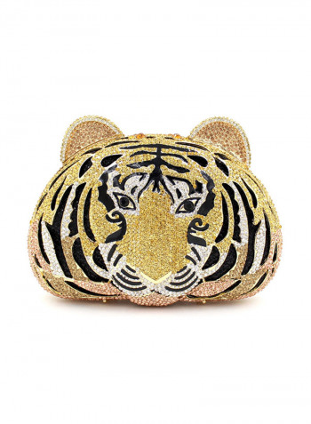 Tiger Head Hollow Out Crystal Metal Bag Gold