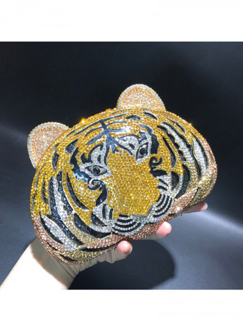 Tiger Head Hollow Out Crystal Metal Bag Gold