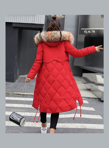 Cotton Long Furry Collar Overcoat red