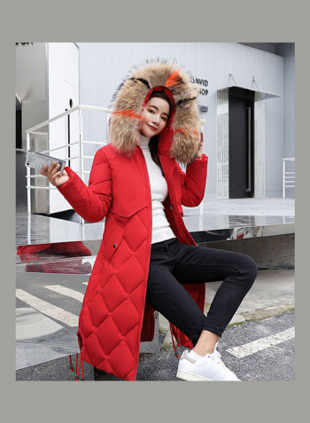 Cotton Long Furry Collar Overcoat red