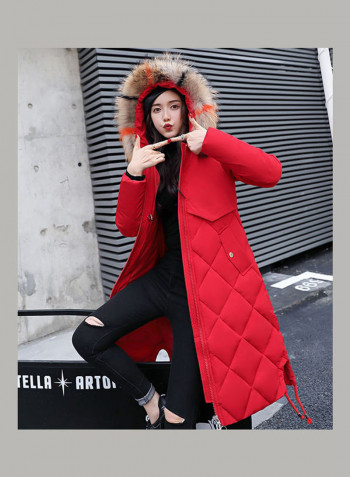 Cotton Long Furry Collar Overcoat red