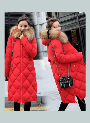 Cotton Long Furry Collar Overcoat red