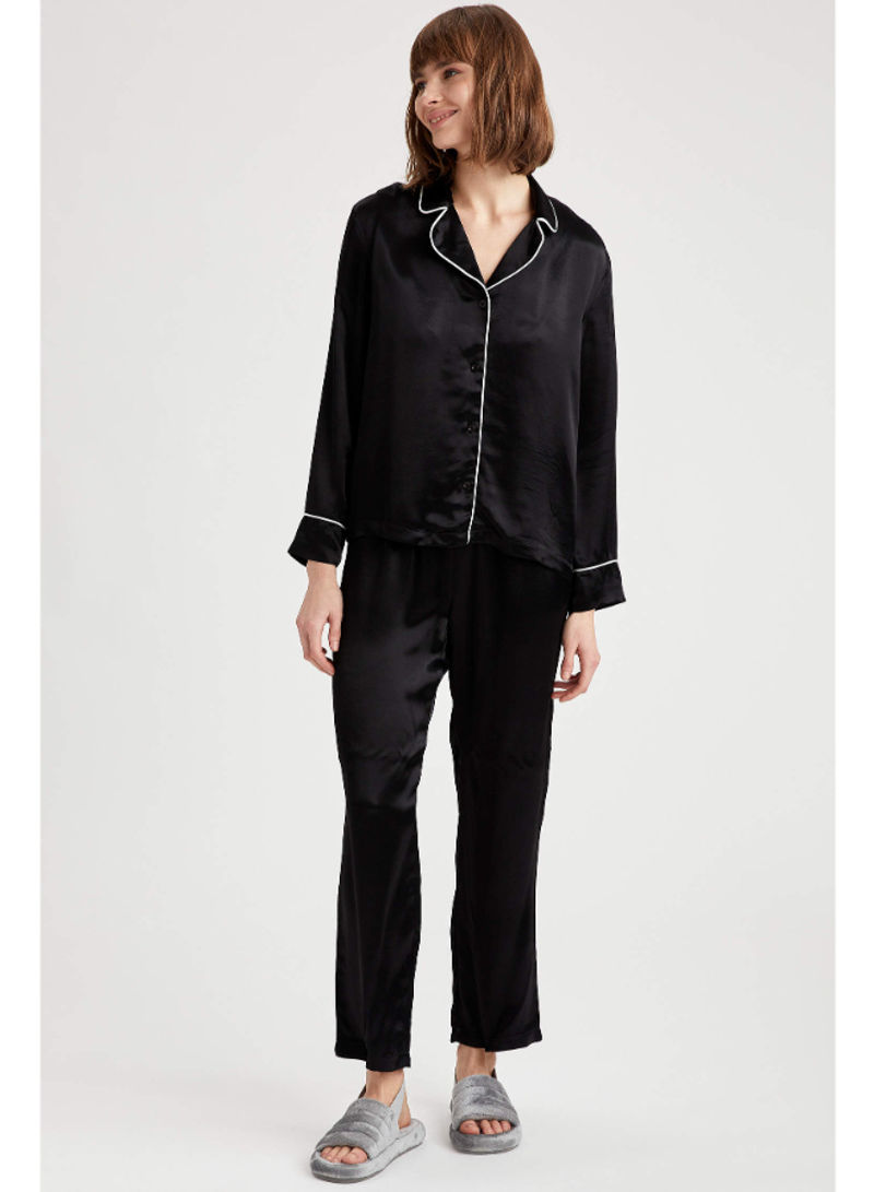 2-Piece Contrast Detail Top And Pyjama Set Black