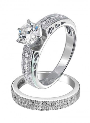 2-Piece 925 Sterling Silver Rhodium Plated Cubic Zirconia Studded Wedding Pave Band Ring Set